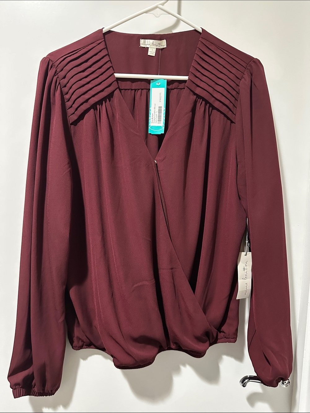 nine britton Burgundy Pleated-Collar Wrap Blouse